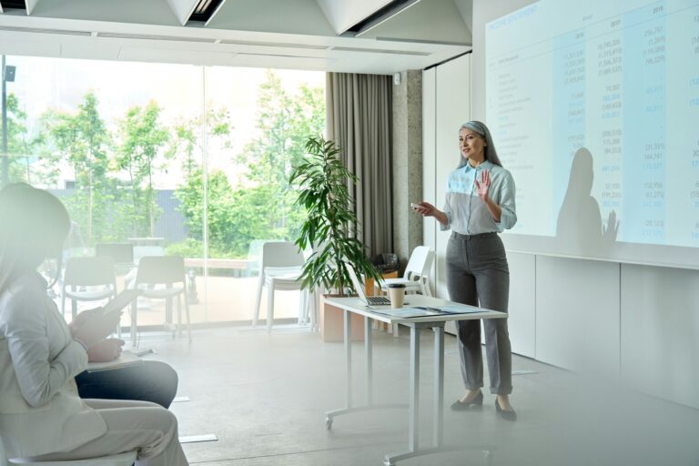 Business presentation learning seminar in office for partners colleagues.